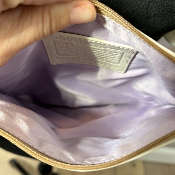 Coach Logo Crossbody Button Lock Inside Outside Pockets Cream Tan Leather Accent - Picture 5 of 10